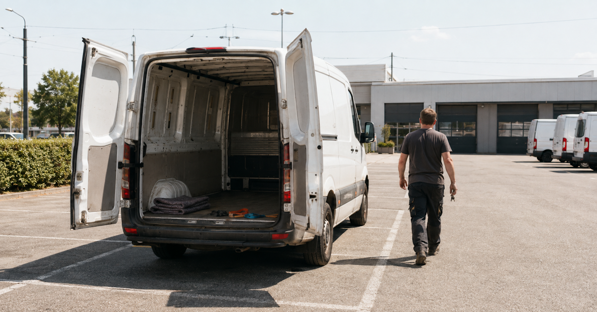Weißer Transporter mit geöffneten Hecktüren und leerem Laderaum auf dem Rückgabeplatz einer Autovermietung – Rückgabe   nach einer Einwegmiete