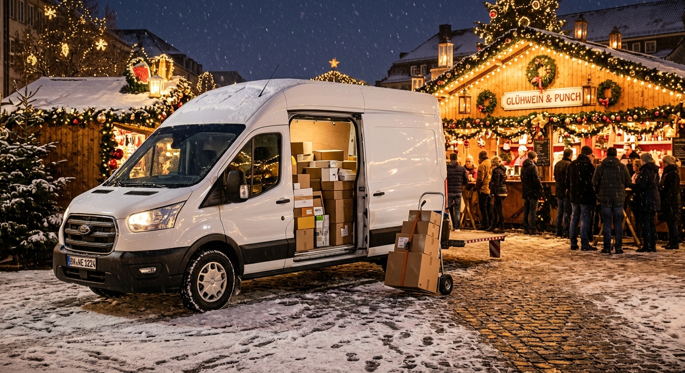 Weihnachtsmarkt-Stand beschicken mit dem Transporter: Ware anliefern, Stand auf- und abbauen
